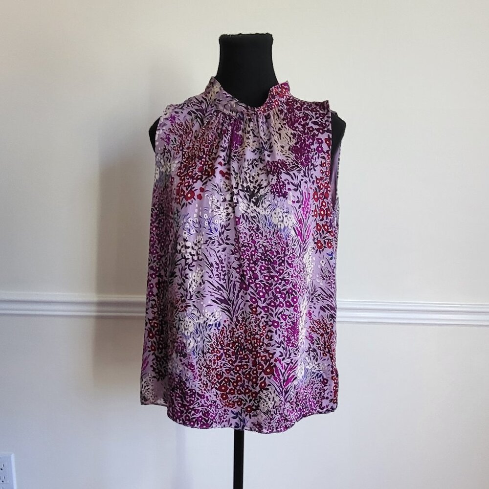 White House Black Market, Purple Floral Silk Blouse, Size M